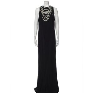 Oscar de La Renta black evening gown with cascading pearl necklace detail